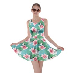 Turquoise Tropical White Hibiscus Flowers Green Leaves Skater Dress by CoolDesigns