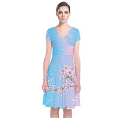 Blossom Pantone Japanese Style Cherry Blossom Short Sleeve Front Wrap Dress by CoolDesigns