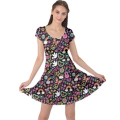 Colorful Peace Love And Music Pattern Groovy Notebook Doodle Cap Sleeve Dress by CoolDesigns