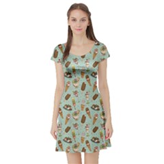 Green Icecream Pattern Short Sleeve Skater Dress by CoolDesigns