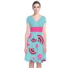 Blossom Mint Japanese Style Cherry Blossom Short Sleeve Front Wrap Dress by CoolDesigns