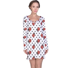 Red Ladybugs Black Polka Dots Pattern Long Sleeve Nightdress by CoolDesigns