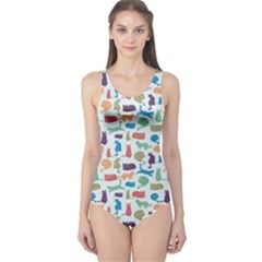 Blue Colorful Cats Silhouettes Pattern Women s One Piece Swimsuit
