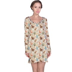 Colorful Colorful Woodland Animals Pattern Long Sleeve Nightdress by CoolDesigns