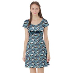 Blue Penguin Pattern Abstract Penguin Crystal Ice Short Sleeve Skater Dress by CoolDesigns