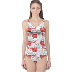 Red Hawaiian Patterns With Hibiscus And Hummingbirds Women s One Piece Swimsuit by CoolDesigns