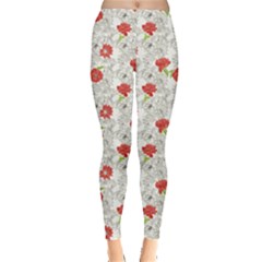 Red Floral Pattern With Red Flowers On Monochrome Leggings by CoolDesigns