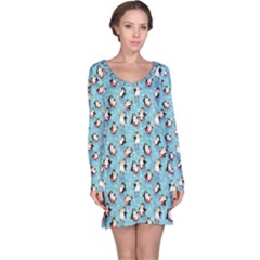 Blue Pattern Funny Penguins Snowflakes On Blue Icy Long Sleeve Nightdress by CoolDesigns