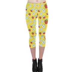Yellow Strawberries With Red Bee And White Flowers Pattern Capri Leggings by CoolDesigns