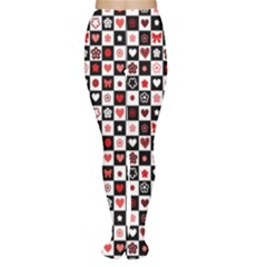 Brown Black And White Checkered Pattern With Red Hearts Seamless Women s Tights by CoolDesigns