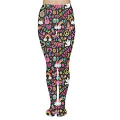 Colorful Peace Love And Music Pattern Groovy Notebook Doodle Women s Tights by CoolDesigns