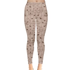 Brown Retro Pattern With Birds And Cage Women s Leggings by CoolDesigns
