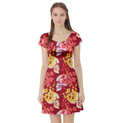Red Skull Vintage Floral Short Sleeve Dress by CoolDesigns