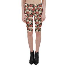 Brown Skull And Flowers Day Of The Dead Vintage Cropped Leggings by CoolDesigns