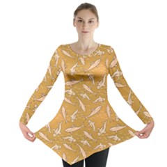 Yellow With Stylized Sharks Stylish Design Long Sleeve Tunic Top by CoolDesigns