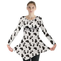 Gray Cartoon Cats Black Silhouettes With White Long Sleeve Tunic Top by CoolDesigns