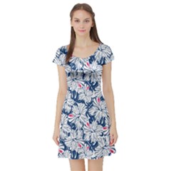 Blue Blue Tropical Hibiscus And Palm Pattern Short Sleeve Skater Dress by CoolDesigns