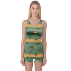 Green Pattern With African Animals Silhouettes Boyleg One Piece Swimsuit by CoolDesigns