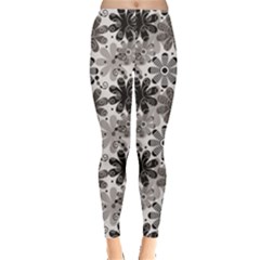 Gray Black And White Pattern Abstract Flowers Leggings by CoolDesigns