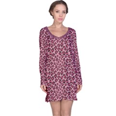 Purple Pink Leopard Texture Pattern Long Sleeve Nightdress by CoolDesigns