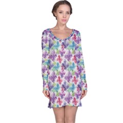 Purple Floral Pattern Silhouettes Colorful Butterflies Long Sleeve Nightdress by CoolDesigns