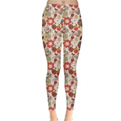 Red Floral Pattern In Retro Style Leggings by CoolDesigns