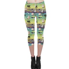 Colorful Cute Tropical Pattern With Ships Palms And Whales Capri Leggings by CoolDesigns