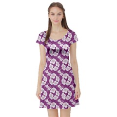 Purple With Hibiscus Flower Hawaiian Patterns Short Sleeve Skater Dress by CoolDesigns