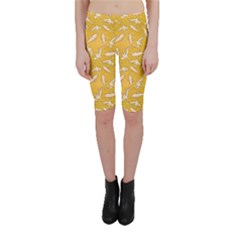 Yellow With Stylized Sharks Stylish Design Cropped Leggings by CoolDesigns