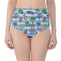 Blue Pattern With Colorful Fish And Coral On Wavy High Waist Bikini Bottom by CoolDesigns
