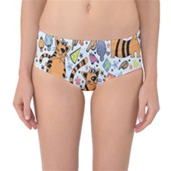 Colorful Cartoon Pattern With Funny Cats And Colored Birds Mid Waist Bikini Bottom by CoolDesigns