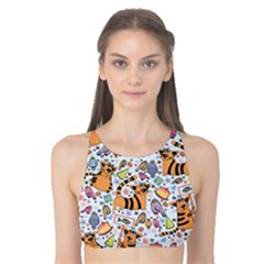 Colorful Cartoon Pattern With Funny Cats And Colored Birds Tank Bikini Top by CoolDesigns