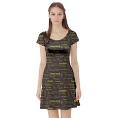 Black Retro With City New York London And Paris And Symbols Short Sleeve Skater Dress by CoolDesigns