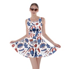 Blue New York Usa Set Of Liberty Statue Skyscraper Fast Food Pattern Skater Dress by CoolDesigns
