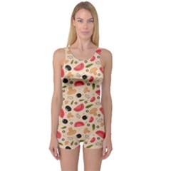 Colorful Pizza Pattern On Beige Stylish Design Women s One Piece Swimsuit by CoolDesigns