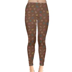Brown Abstract With Outlined Colorful Zodiac Signs Pattern On Dark Leggings by CoolDesigns