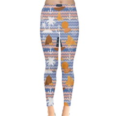 Blue Marine Palms Anchor Steering Wheel Pirate Flag Gold Pattern Leggings by CoolDesigns