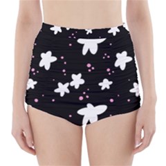 Square Pattern Black Big Flower Floral Pink White Star High-waisted Bikini Bottoms by Alisyart