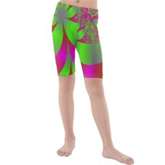 Green And Pink Fractal Kids  Mid Length Swim Shorts by Simbadda