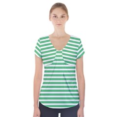Horizontal Stripes Green Short Sleeve Front Detail Top by Mariart