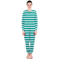 Horizontal Stripes Green Teal Onepiece Jumpsuit (ladies)  by Mariart
