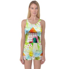 Summer House And Garden A Completely Seamless Tile Able Background One Piece Boyleg Swimsuit by Simbadda