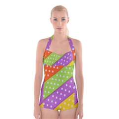 Colorful Easter Ribbon Background Boyleg Halter Swimsuit  by Simbadda