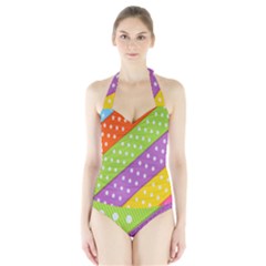 Colorful Easter Ribbon Background Halter Swimsuit by Simbadda