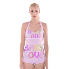 Pink Baby Love Text In Colorful Polka Dots Boyleg Halter Swimsuit  by Simbadda