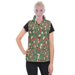 Berries And Leaves Women s Button Up Puffer Vest by Simbadda