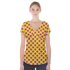 Polka Dot Purple Yellow Short Sleeve Front Detail Top by Mariart