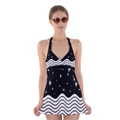 Black And White Waves And Stars Abstract Backdrop Clipart Halter Swimsuit Dress by Nexatart