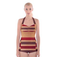 Vintage Striped Polka Dot Red Brown Boyleg Halter Swimsuit  by Mariart