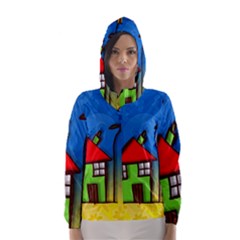 Colorful Illustration Of A Doodle House Hooded Wind Breaker (women)